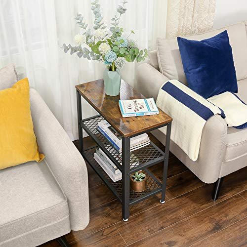 VASAGLE Beistelltisch, m. 2 Gitterablagen, rechteckig – rustikale braune Spanplatte und schwarzer Stahl (60x30)