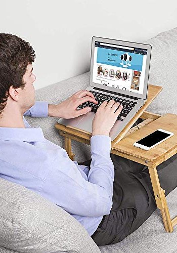 SONGMICS Brbar skrivebord, hydejusterbar, m. 5 justerbare vippevinkler, 1 skuff - naturlig bambus