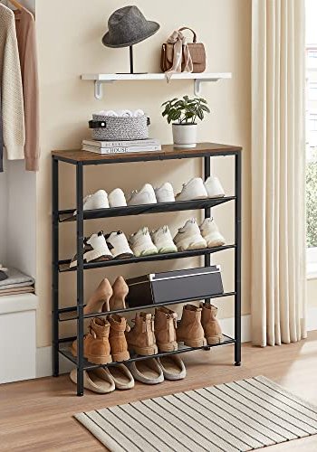 VASAGLE skohylle, m. 4 mesh hyller - rustikk brun sponplate og sort stl