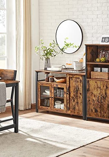 VASAGLE Sideboard, mit 1 offenen Fach, 3 Türen und Einlegeböden – rustikale braune Spanplatte und schwarzer Stahl