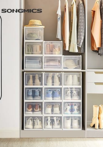 SONGMICS skoboks, stabelbar og sammenleggbar - hvit og klar polypropylen (sett med 18)