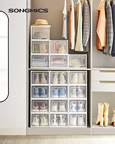 SONGMICS skoboks, stabelbar og sammenleggbar - hvit og klar polypropylen (sett med 18)