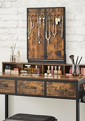 VASAGLE Schminktisch, mit dreifach klappbarem Spiegel, 3 Schubladen, 4 Fächern, Hocker – braune Spanplatte, schwarzer Stahl (90 x 40)