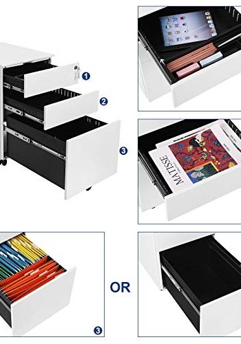 SONGMICS arkivskap, lsbart, m. 3 skuffer, hengemappe, hjul - hvit stl