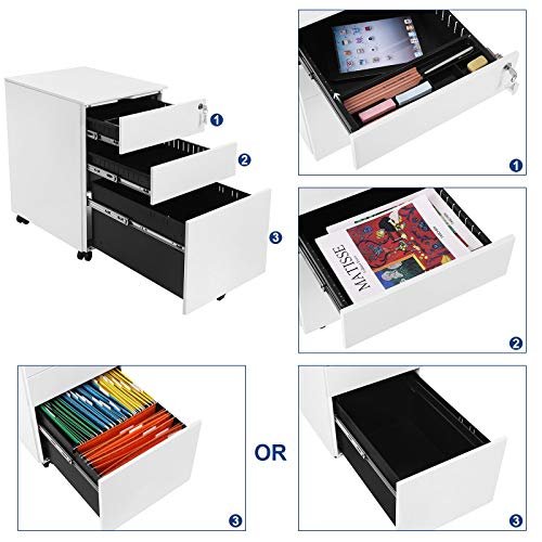 SONGMICS arkivskap, lsbart, m. 3 skuffer, hengemappe, hjul - hvit stl