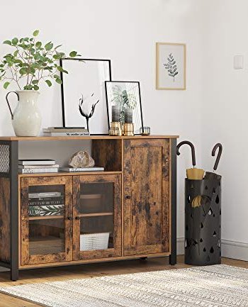 VASAGLE Sideboard, mit 1 offenen Fach, 3 Türen und Einlegeböden – rustikale braune Spanplatte und schwarzer Stahl