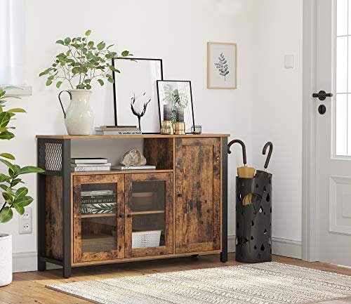 VASAGLE Sideboard, mit 1 offenen Fach, 3 Türen und Einlegeböden – rustikale braune Spanplatte und schwarzer Stahl