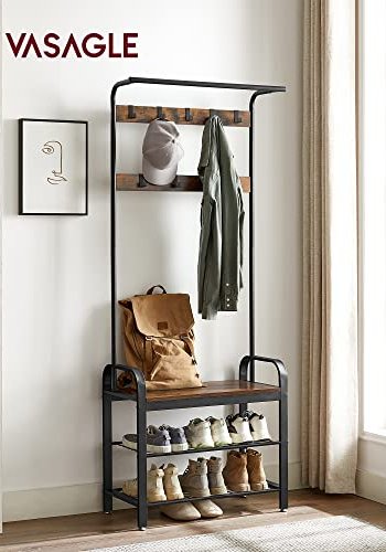 VASAGLE Flurregal, mit 9 Haken, 1 Kleiderstange, 3 Ablagen – braunes MDF und schwarzer Stahl