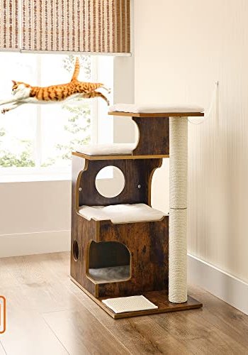 FEANDREA skrapestolpe, 3 niver, 3 plattformer, 1 hule - hvit plysj, sisal og rustikk brun MDF