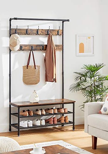 VASAGLE inngangsarrangement, m. 9 kroker, 1 hengestang, 3 hyller - brun sponplate og sort stl