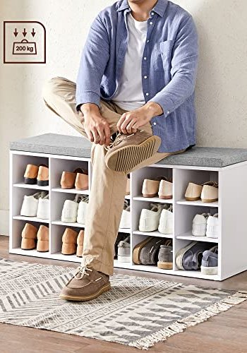 VASAGLE benk, med gr pute og 15 rom for sko - hvit sponplate (105x30)