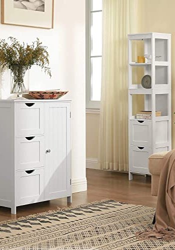 VASAGLE baderomsskap, m. 1 dr, 1 hydejusterbar hylle og 3 skuffer - hvit MDF