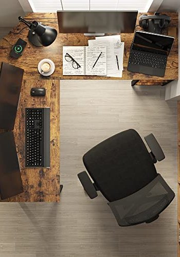 VASAGLE hjrne skrivebord, m. 2 hyller - rustikk brun sponplate og sort stl (138x138)