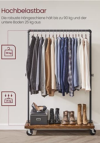 VASAGLE klesstativ, m. 1 hylle og hjul - brun sponplate og sort stl