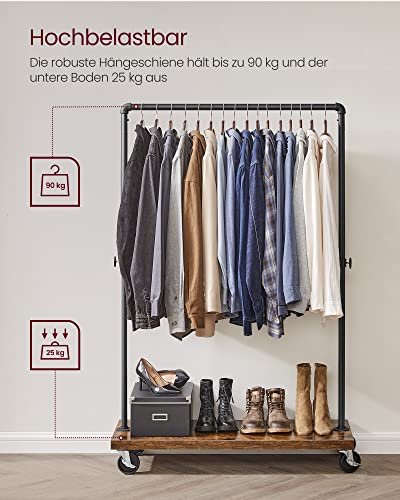 VASAGLE klesstativ, m. 1 hylle og hjul - brun sponplate og sort stl