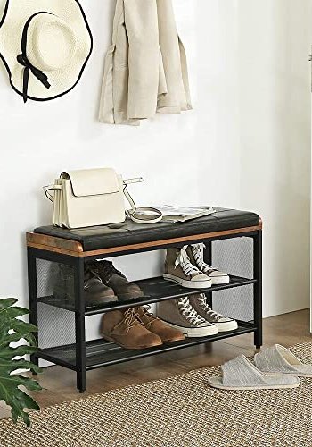 VASAGLE skohylle, m. 2 mesh hyller - vintage svart kunstskinn, brun sponplate og svart stl