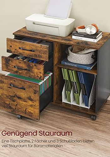 VASAGLE arkivskap, m. 3 skuffer, 1 hylle og hjul - rustikk brun og sort sponplate