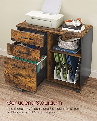 VASAGLE arkivskap, m. 3 skuffer, 1 hylle og hjul - rustikk brun og sort sponplate