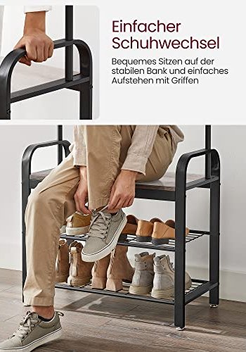 VASAGLE Flurregal, mit 9 Haken, 1 Kleiderstange, 3 Ablagen – graue Spanplatte und schwarzer Stahl