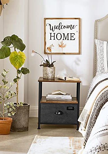 SONGMICS nattbord, m. 2 hyller og 1 skuff - rustikk brun MDF og svart imitert semsket skinn/metall (41x41)