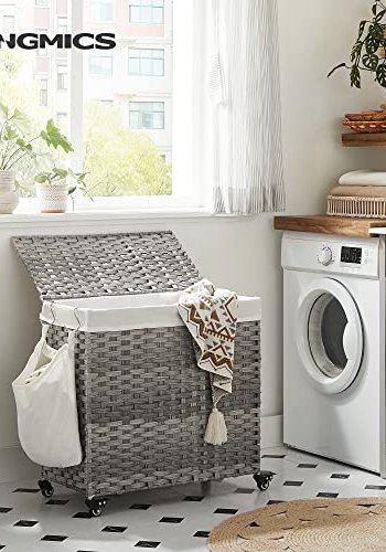 SONGMICS skittentyskurv, m. 3 rom, avtagbart fr, hndtak, lokk, hjul - bomull og gr polypropylen