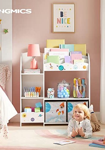 SONGMICS barnebokhylle, med hyller og 2 oppbevaringsbokser - hvit og flerfarget sponplate og stoff