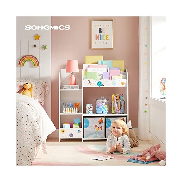 SONGMICS brnereol, m. hylder og 2 opbevaringsbokse - hvid og multifarvet spnplade og stof