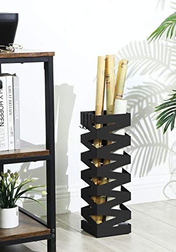 SONGMICS paraplyholder, firkantet, med kroker og dryppbrett - svart metall