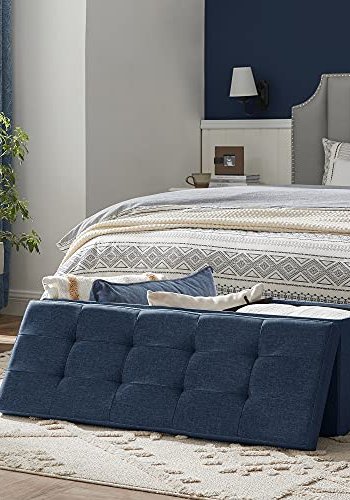 SONGMICS Ottomansk oppbevaringsbenk, m. 1 lokk, 2 rom, sammenleggbar - marinebltt lin (110x38)