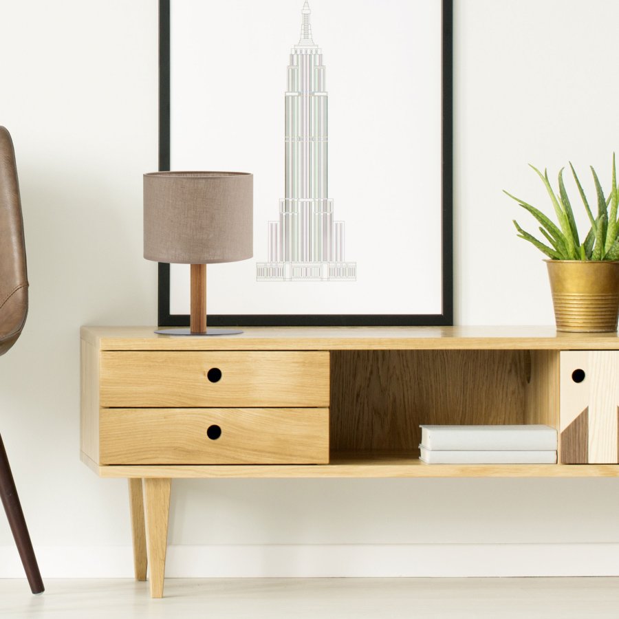 TK Deva bordlampe, rund - natur stof/fyrretr og sort stl