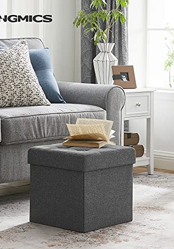 SONGMICS Sammenleggbar oppbevaring ottoman krakk fotsttte og tekstil lin mrkegr 38 x 38 x 38 cm lsf27z