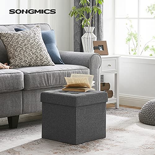 SONGMICS Sammenleggbar oppbevaring ottoman krakk fotsttte og tekstil lin mrkegr 38 x 38 x 38 cm lsf27z