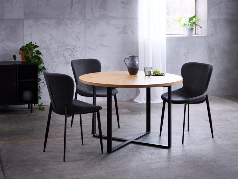 Lugo spisebord, rundt - naturlig villeik melamin og sort metall (120)