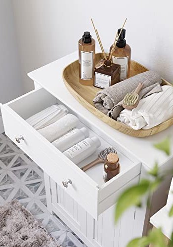 VASAGLE baderomsskap, m. 2 drer, 1 hydejusterbar hylle og 1 skuff - hvit MDF