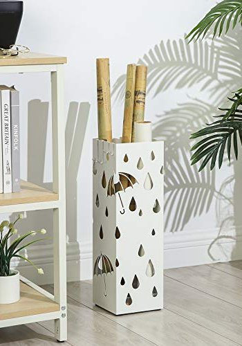 SONGMICS paraplyholder, firkantet, m. 4 kroker og dryppbrett - hvitt metall
