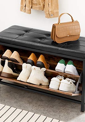 VASAGLE inngangsbenk, med pute, sammenleggbar skap for 6 par sko - rustikk brun sponplate og sort PU/stl (80x30)