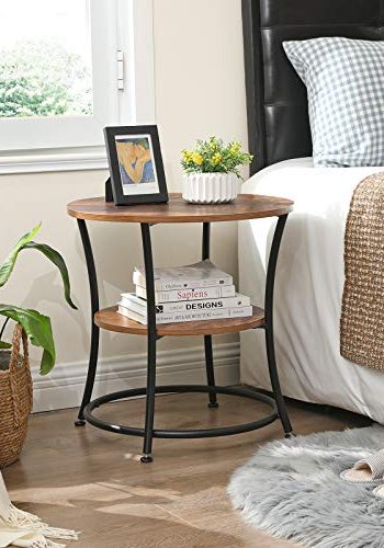 VASAGLE Beistelltisch, mit 1 Ablage, rund – rustikale braune Spanplatte und schwarzer Stahl (55)