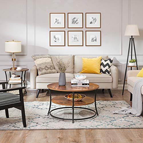 VASAGLE salongbord, m. 1 hylle, rund - rustikk brun sponplate og svart jern (80)