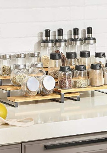 SONGMICS krydderhylle, 3-lags uttrekkbar, stablebar - naturlig bambus og svart stl (sett med 2)