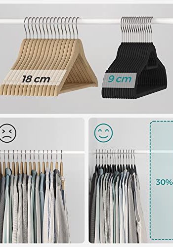 SONGMICS kleshenger, sklisikker, med knytestang og 360° roterbar krok - svart flyelsstoff (sett med 20)