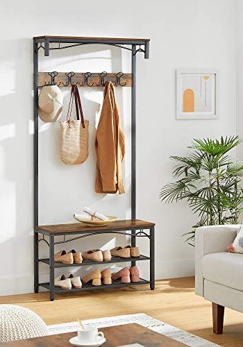 VASAGLE inngangsarrangement, m. 5 doble kroker, 4 hyller - brun sponplate og sort stl