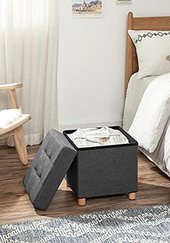 SONGMICS puff, sammenleggbar, med lokk - mrkegr imitert lin og naturlig tre (38x38)