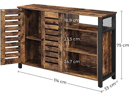 VASAGLE Sideboard, mit 2 Lamellentüren und verstellbaren Einlegeböden – rustikale braune Spanplatte und schwarzer Stahl