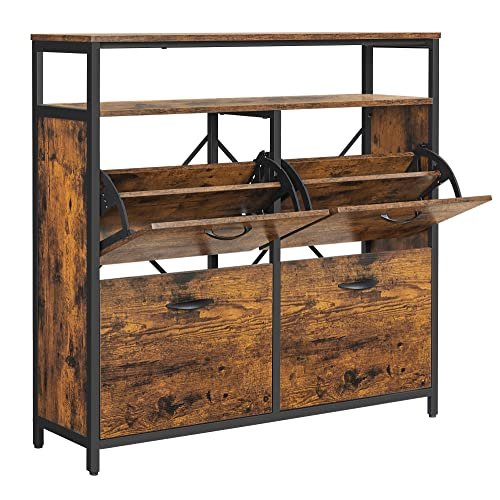 VASAGLE Schuhschrank, mit 4 Flügeltüren und 1 Einlegeboden – rustikale braune Spanplatte und schwarzer Stahl