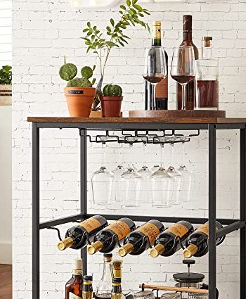 VASAGLE rullebord, hylle, holder for glass og flasker - rustikk brun sponplate og sort stl (60x40)