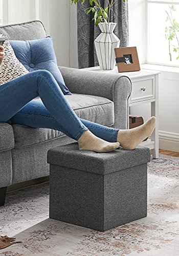 SONGMICS Sammenleggbar oppbevaring ottoman krakk fotsttte og tekstil lin mrkegr 38 x 38 x 38 cm lsf27z
