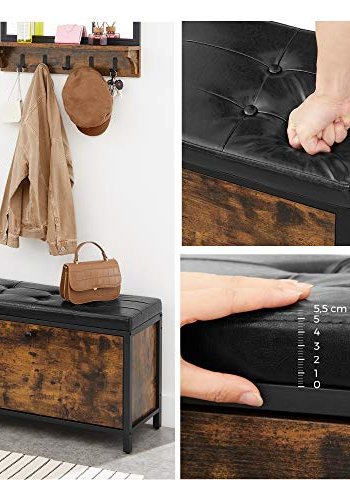 VASAGLE inngangsbenk, med pute, sammenleggbar skap for 6 par sko - rustikk brun sponplate og sort PU/stl (80x30)