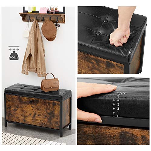 VASAGLE inngangsbenk, med pute, sammenleggbar skap for 6 par sko - rustikk brun sponplate og sort PU/stl (80x30)