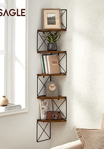 VASAGLE hjrne vegghylle, m. 5 hyller - rustikk brun sponplate og sort stl