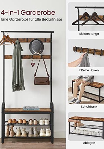 VASAGLE inngangsarrangement, m. 9 kroker, 1 hengestang, 1 sete, 2 hyller - brun sponplate og sort stl